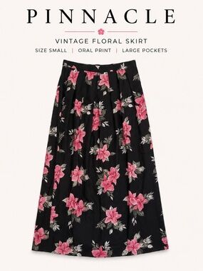 Pinnacle Vintage Floral Maxi Skirt Small Cottagecore Pockets Black Pink